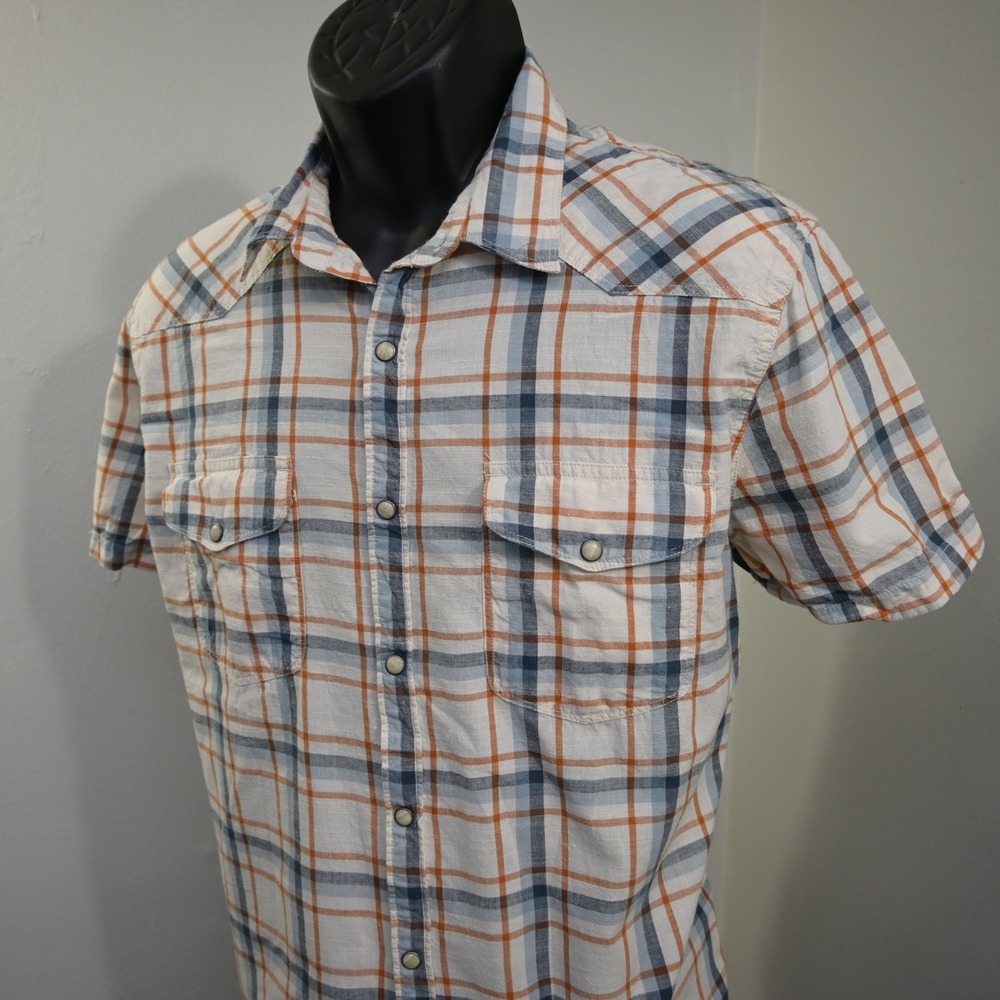 Lucky Brand Western Pearl Snaps Shirt Mens Large Orange Blue‎ Plaid Short Sleeve